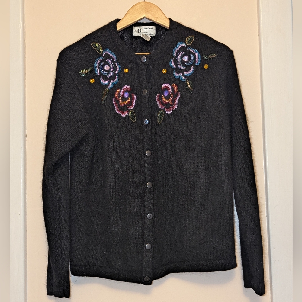 Vintage Black Knit Silk Angora Blend Sweater Cardigan Beaded Flowers Large - Picture 2 of 14